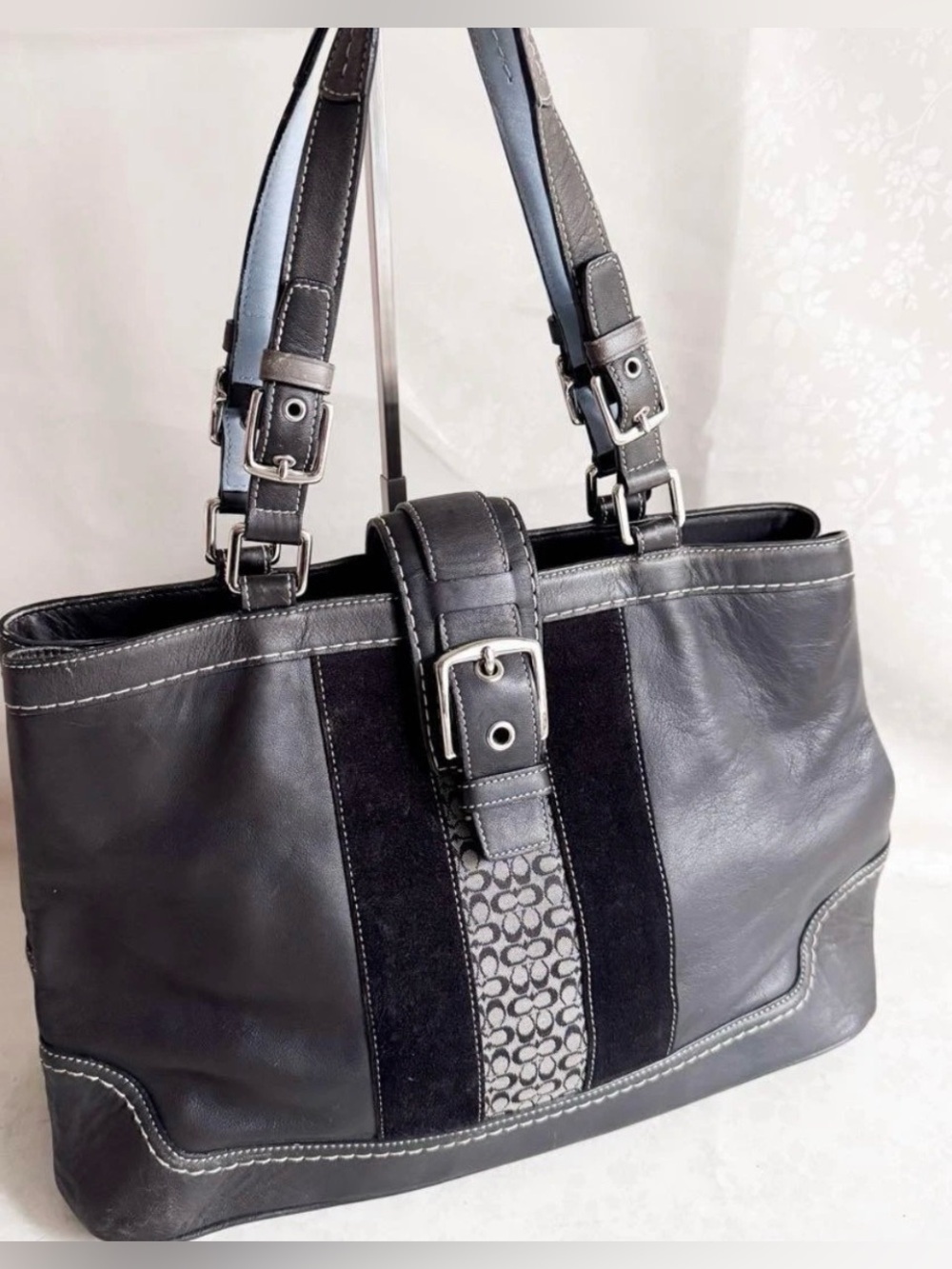 COACH Hampton Y2K Black Leather Buckle Expandable Satchel, Measuring 16x9